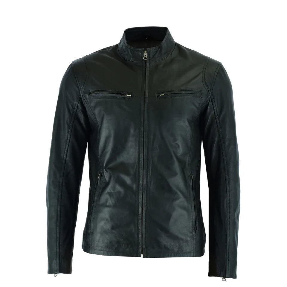 Men’s Minimalist Black Leather Racer Jacket