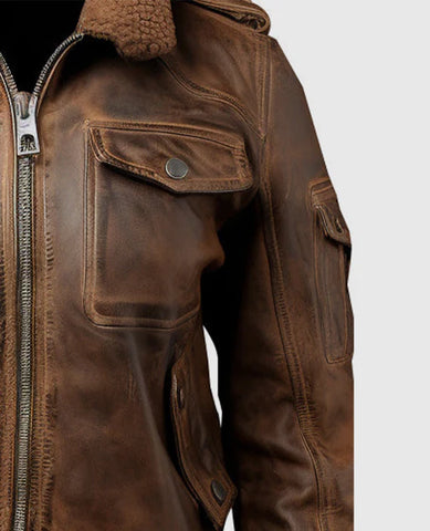 Men’s Vintage Style Brown Leather Bomber Jacket