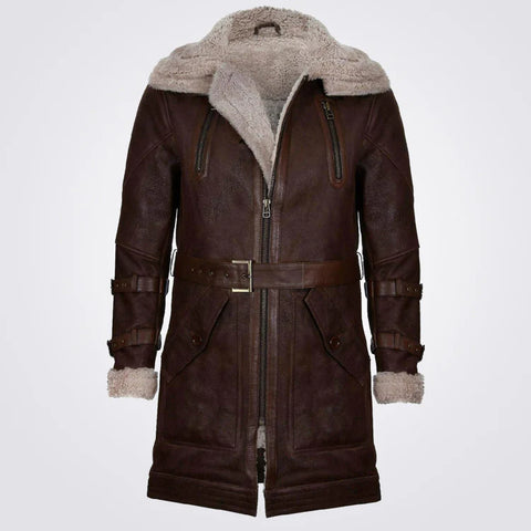 Men's Brown Sheepskin Coat Double Collar Long Shearling Leather Coat