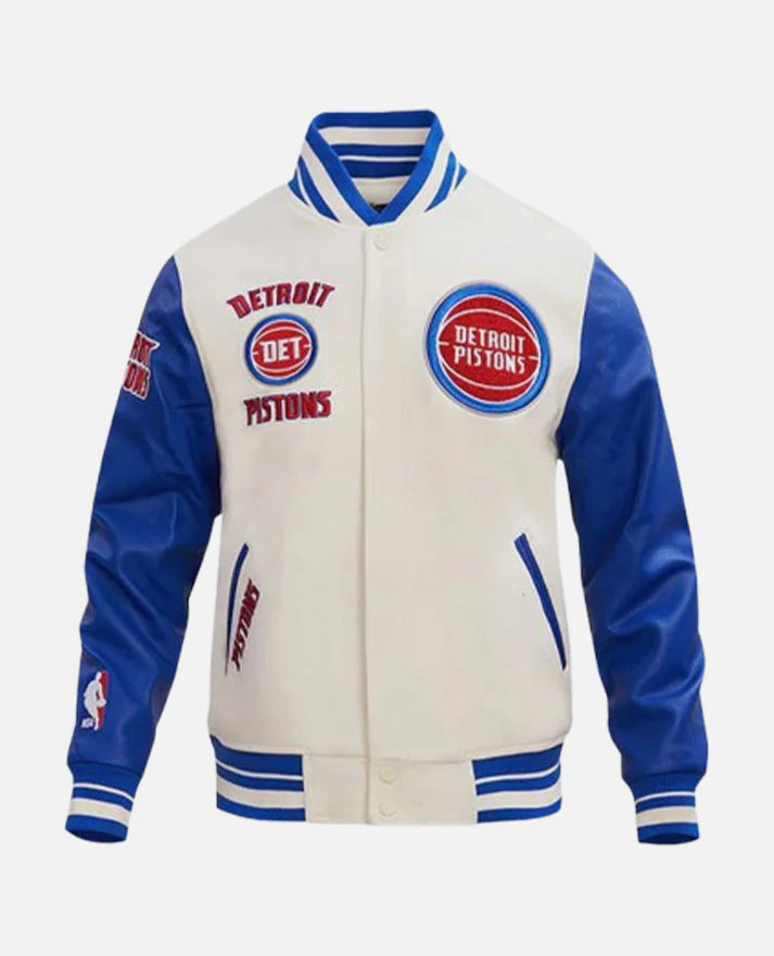 Men's Blue Leather Sleeves Varsity Jacket NBA Detroit Pistons