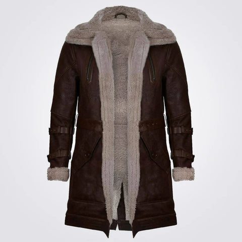 Men's Brown Sheepskin Coat Double Collar Long Shearling Leather Coat