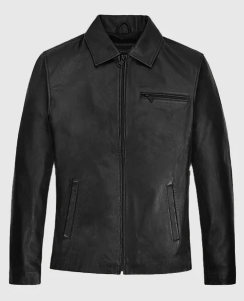 Men’s Minimalist Black Leather Zip Jacket