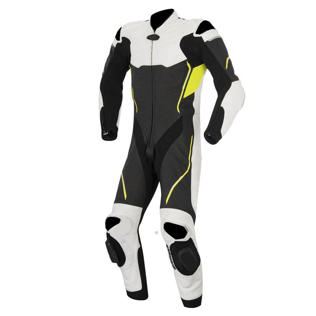 Men’s White & Black Leather Motorcycle Racing Suit with Neon Yellow Accents