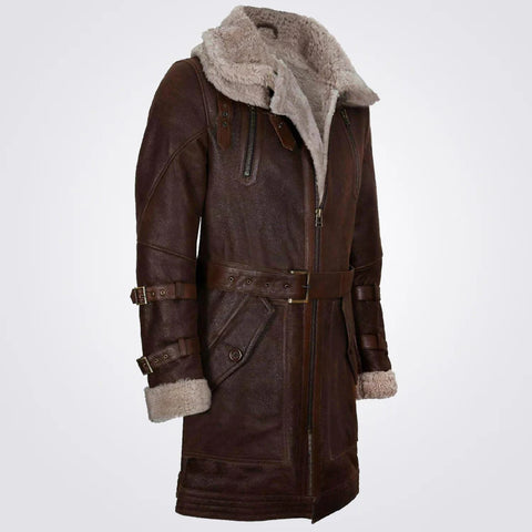 Men's Brown Sheepskin Coat Double Collar Long Shearling Leather Coat
