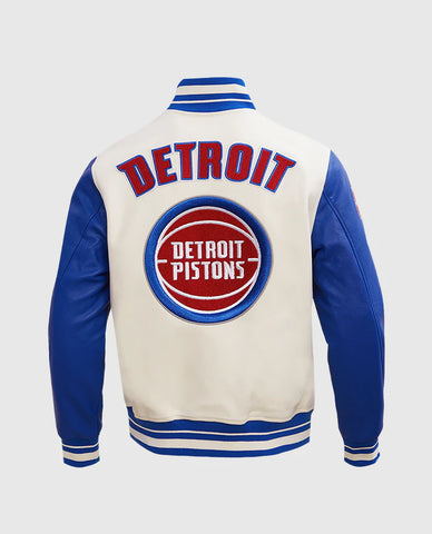 Men's Blue Leather Sleeves Varsity Jacket NBA Detroit Pistons