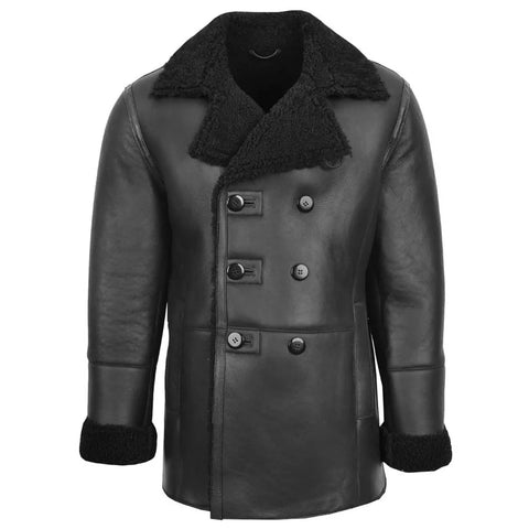 Men’s Shearling Leather Coat Black Double Breasted