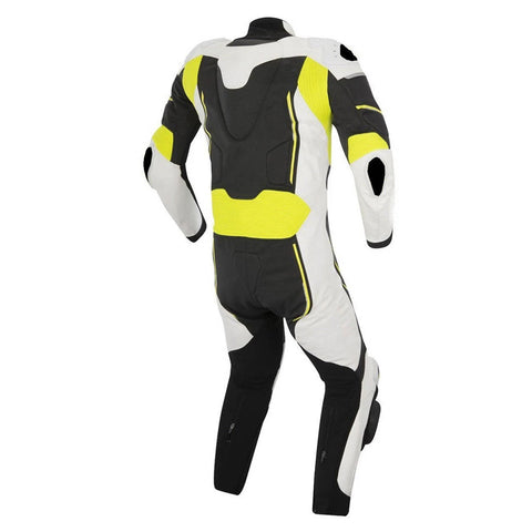 Men’s White & Black Leather Motorcycle Racing Suit with Neon Yellow Accents