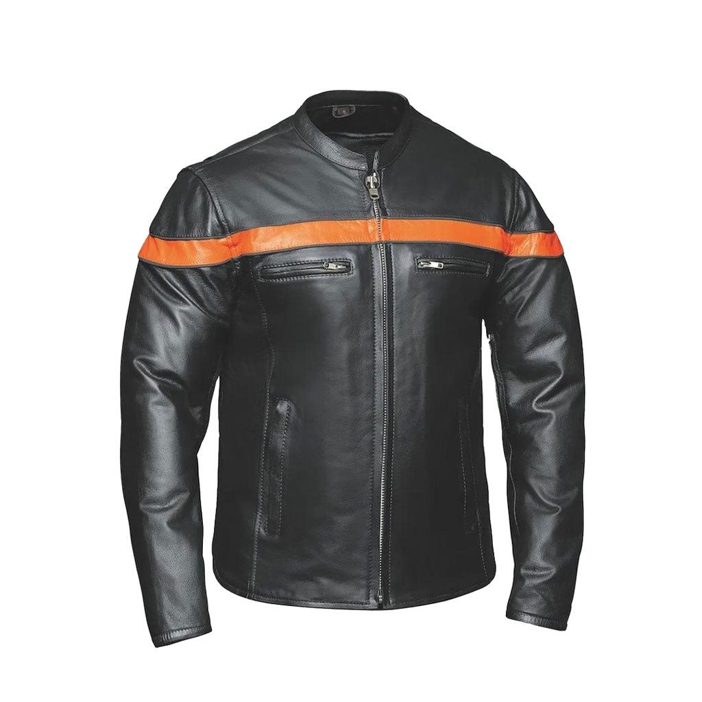 Men’s Black Leather Motorbike Jacket with Orange Stripe