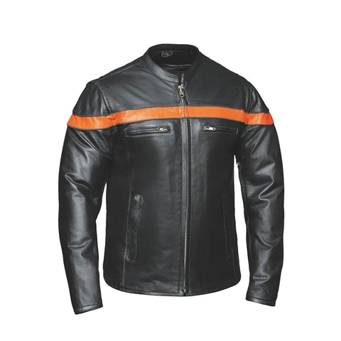 Men’s Black Leather Motorbike Jacket with Orange Stripe