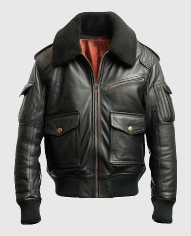 Men’s Black Shearling Collar Leather Bomber Jacket