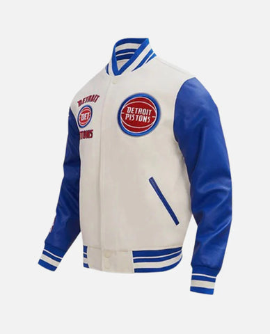 Men's Blue Leather Sleeves Varsity Jacket NBA Detroit Pistons