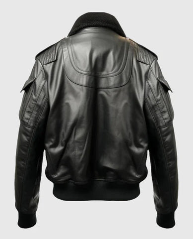 Men’s Black Shearling Collar Leather Bomber Jacket