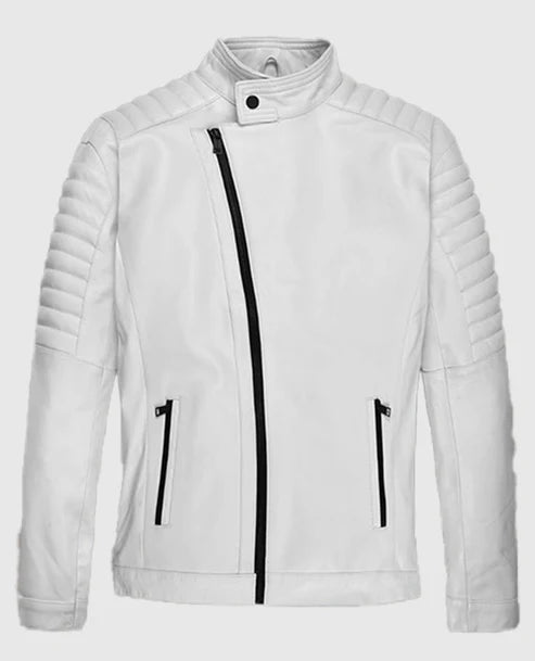 Men’s White Asymmetrical Biker Leather Jacket