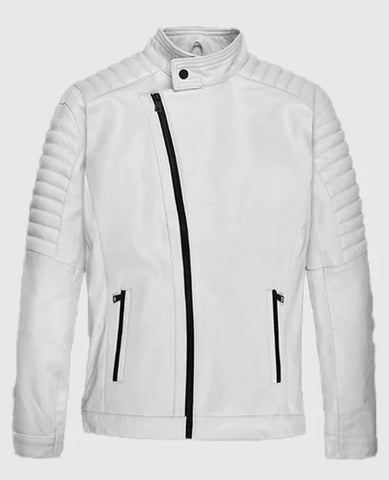 Men’s White Asymmetrical Biker Leather Jacket