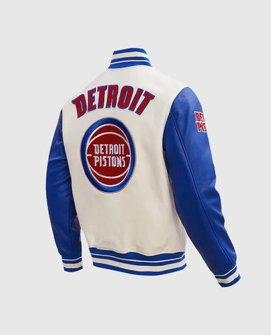 Men's Blue Leather Sleeves Varsity Jacket NBA Detroit Pistons