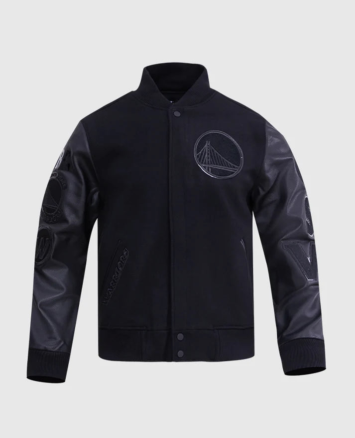 NBA Golden State Warriors Men's Black Leather Sleeves Varsity Jacket
