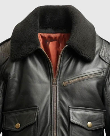 Men’s Black Shearling Collar Leather Bomber Jacket