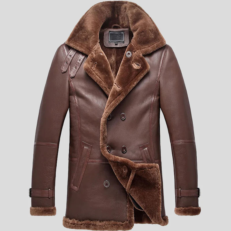 Men Brown Shearling Sheepskin Coat Double Breasted Shearling Coat
