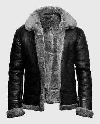 Men’s Black Shearling Lined Leather Bomber Jacket