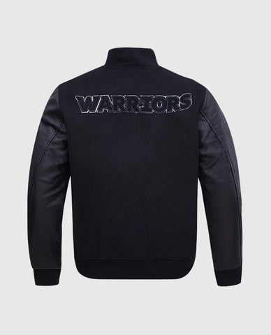 NBA Golden State Warriors Men's Black Leather Sleeves Varsity Jacket