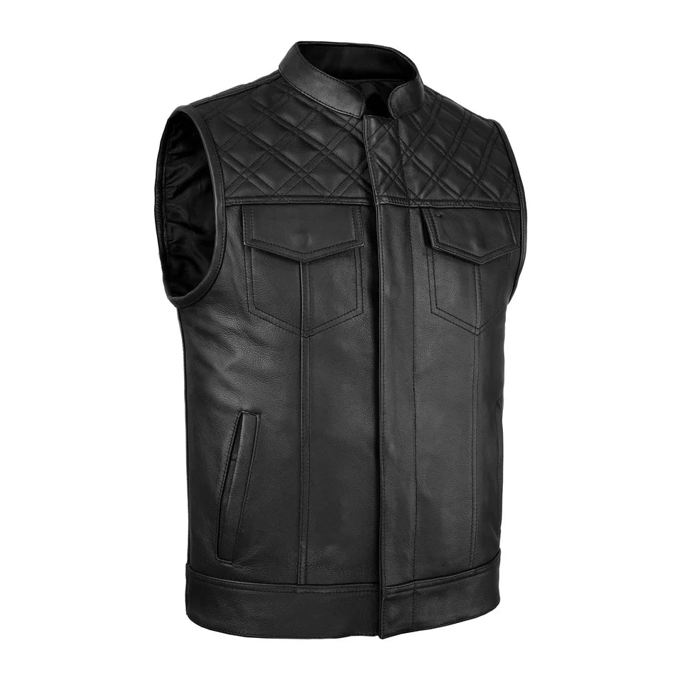 Biker Style Black Diamond Stitch Leather Vest