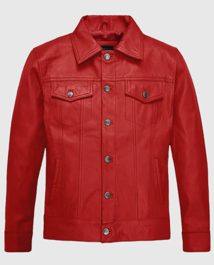 Men’s Red Leather Trucker Jacket