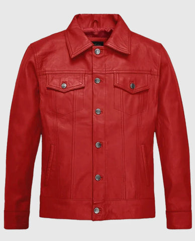 Men’s Red Leather Trucker Jacket
