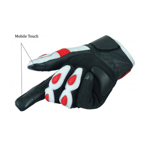 Mobile Touch Screen Red White & Black Motorbike Leather Gloves