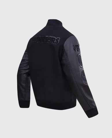 NBA Golden State Warriors Men's Black Leather Sleeves Varsity Jacket