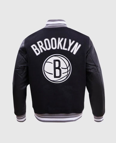 Men's NBA Brooklyn Nets Rib Wool Black Leather Sleeves Varsity Jacket