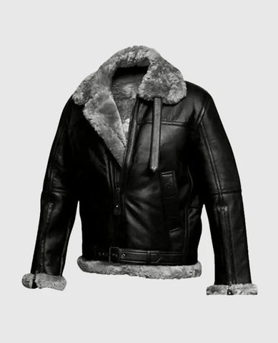Men’s Black Shearling Lined Leather Bomber Jacket
