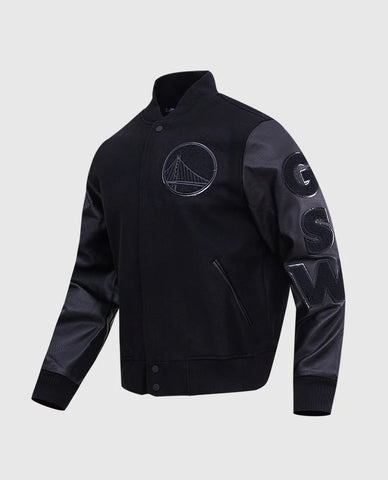 NBA Golden State Warriors Men's Black Leather Sleeves Varsity Jacket