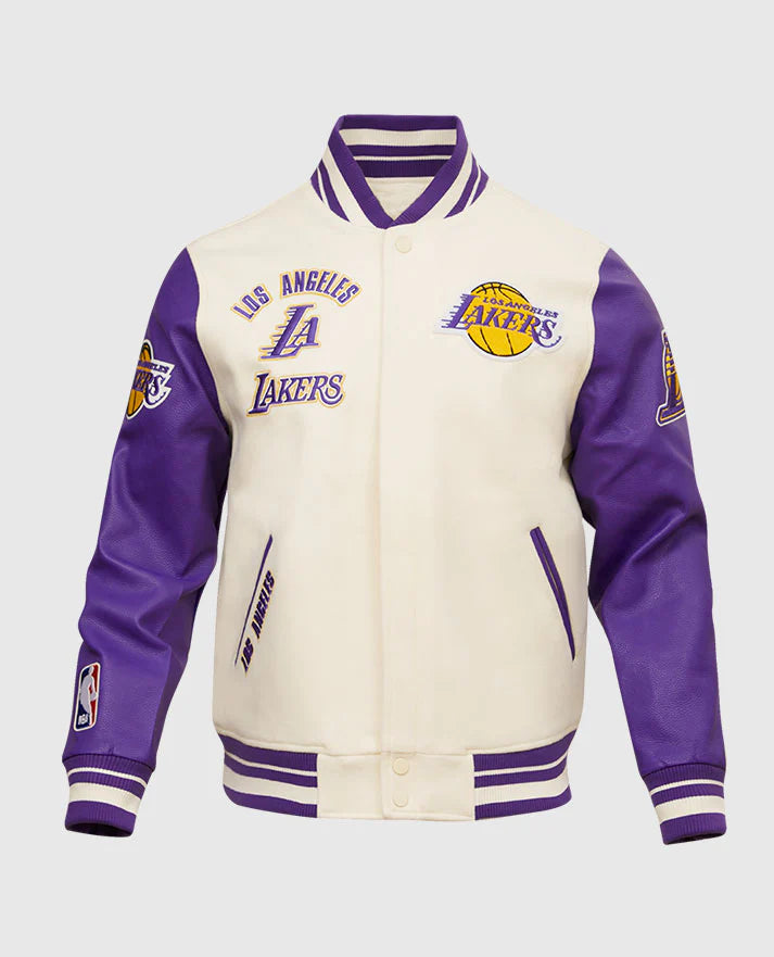 NBA Los Angeles Lakers  Men's Haf White Varsity Jacket Leather Sleeves