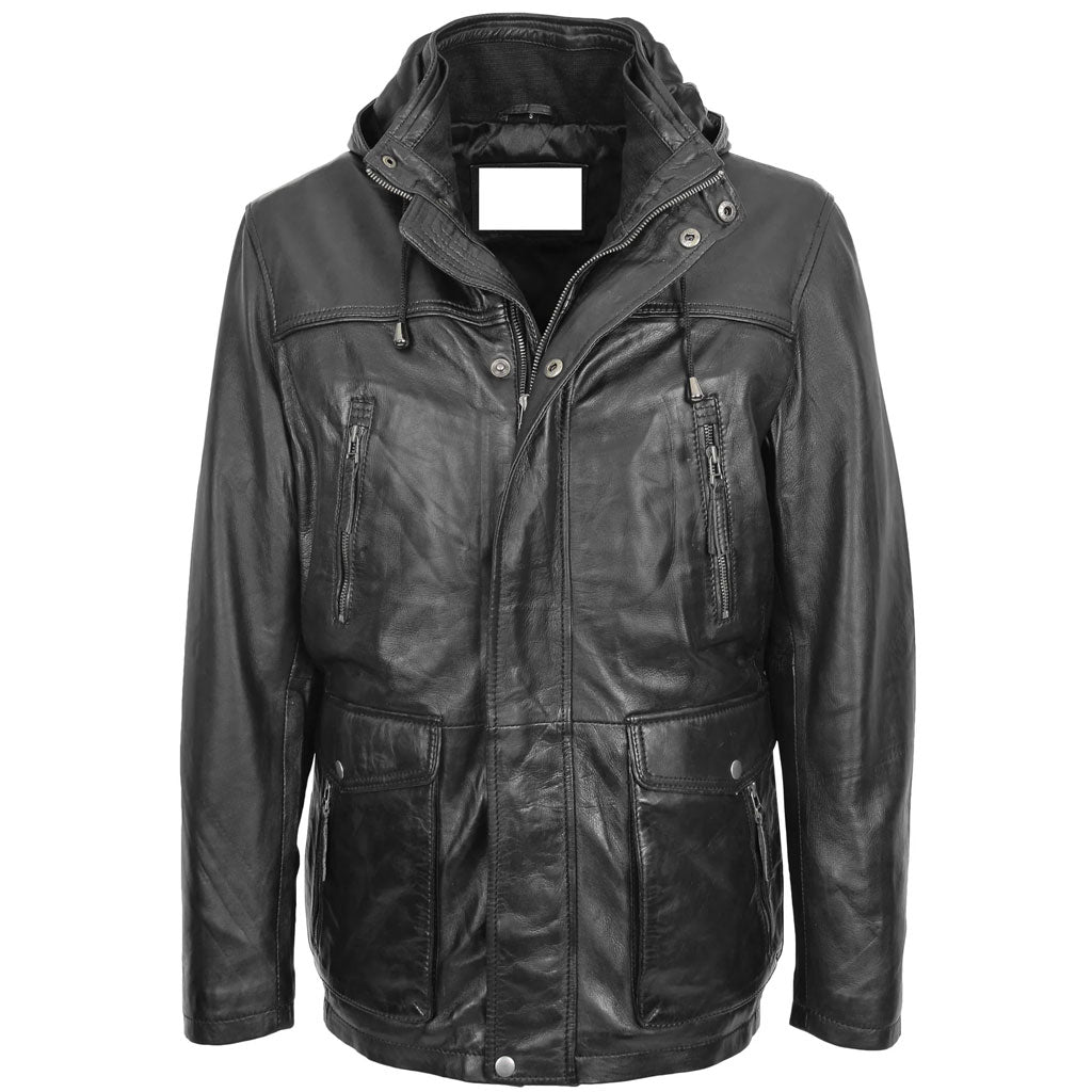 Men's Leather Hoodie Style Long Black Leather Coat
