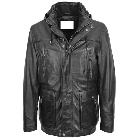 Men's Leather Hoodie Style Long Black Leather Coat