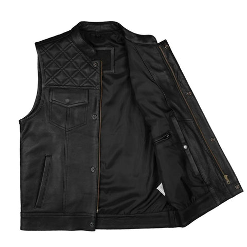 Biker Style Black Diamond Stitch Leather Vest