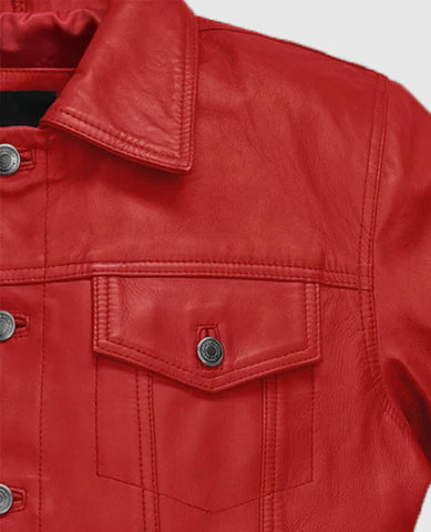Men’s Red Leather Trucker Jacket