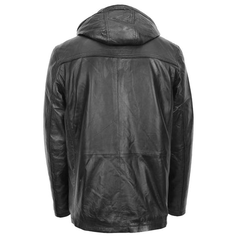Men's Leather Hoodie Style Long Black Leather Coat