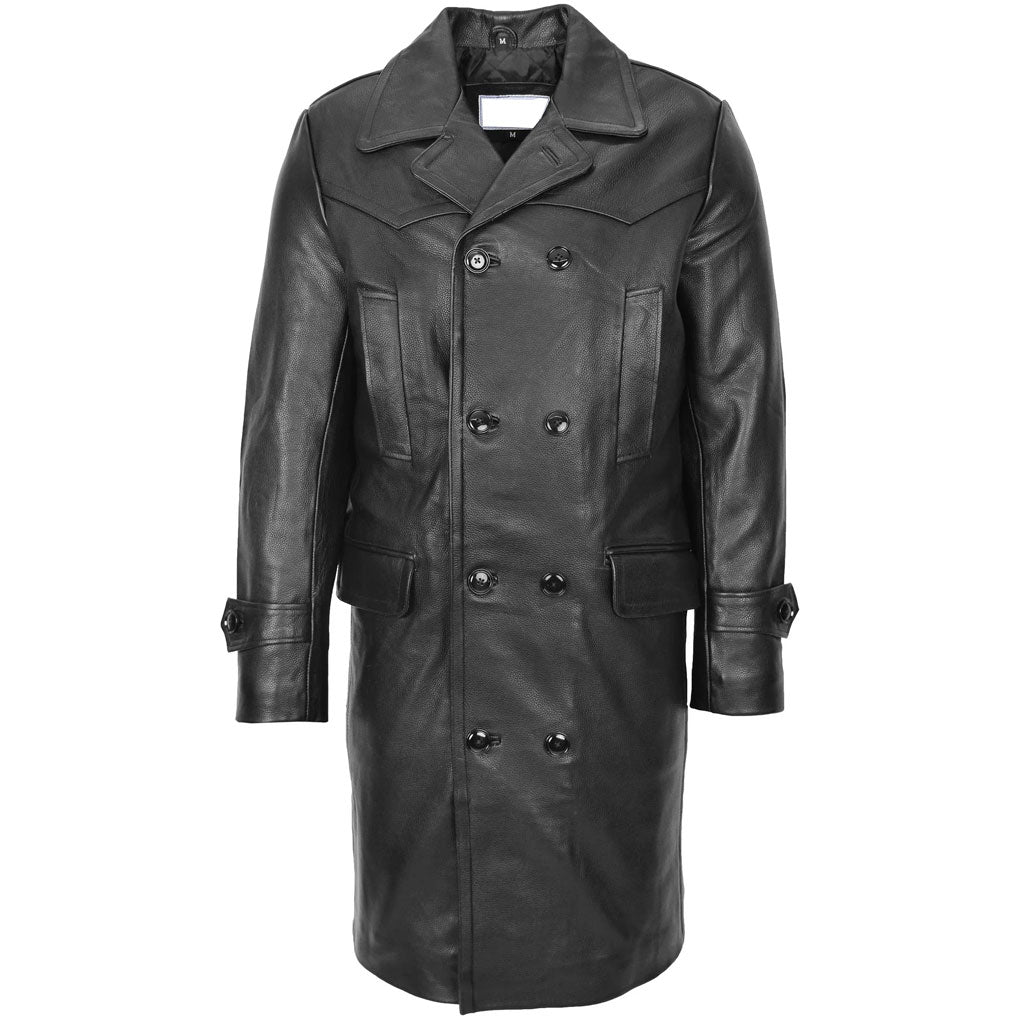 Mens Leather 3/4 Length Long Black Leather Coat