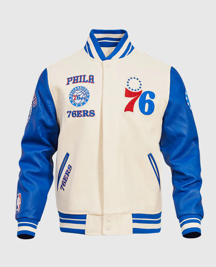 NBA Philadelphia 76ers Men's Rib Wool Blue Leather Sleeves Varsity Jacket