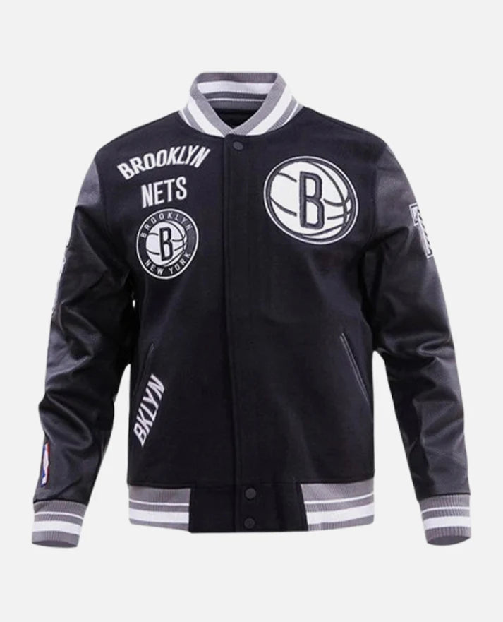 Men's NBA Brooklyn Nets Rib Wool Black Leather Sleeves Varsity Jacket