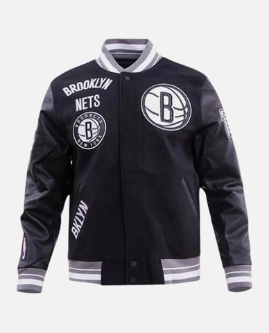 Men's NBA Brooklyn Nets Rib Wool Black Leather Sleeves Varsity Jacket