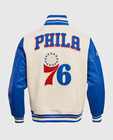 NBA Philadelphia 76ers Men's Rib Wool Blue Leather Sleeves Varsity Jacket