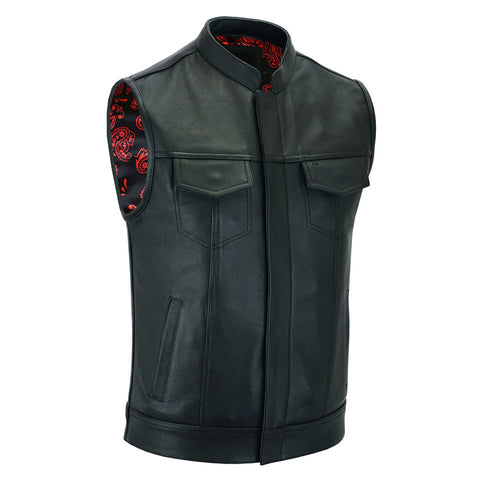 Men’s Black Biker Leather Vest with Paisley Liner Style