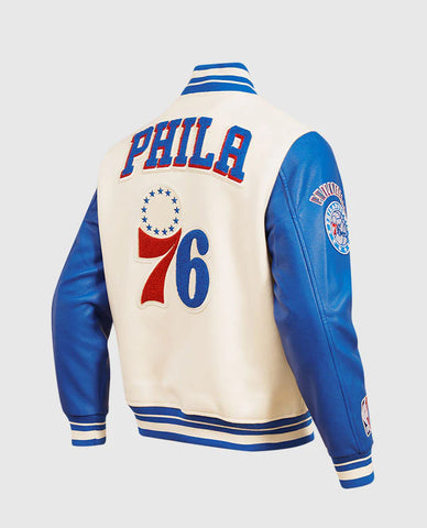 NBA Philadelphia 76ers Men's Rib Wool Blue Leather Sleeves Varsity Jacket