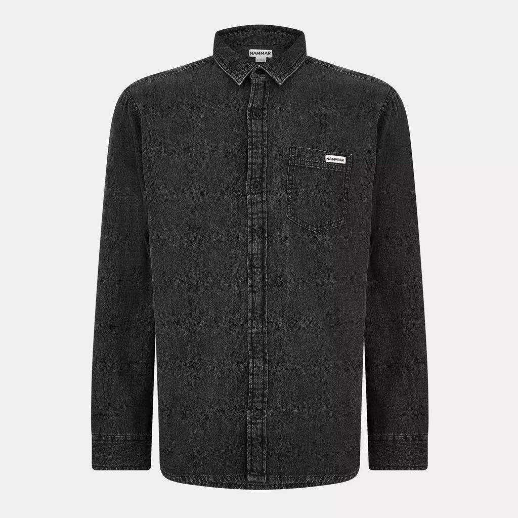 Black Washed Denim Shirt with Chest Pocket