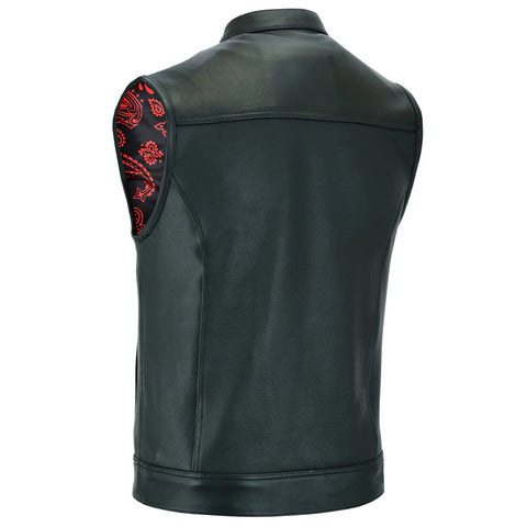 Men’s Black Biker Leather Vest with Paisley Liner Style