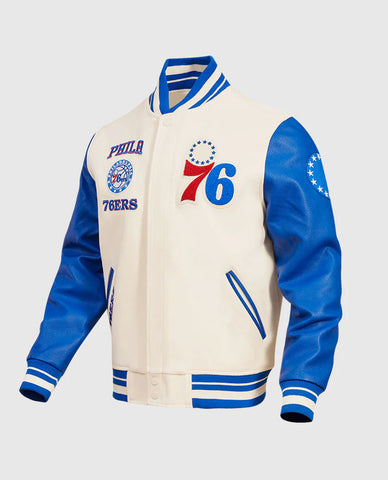 NBA Philadelphia 76ers Men's Rib Wool Blue Leather Sleeves Varsity Jacket
