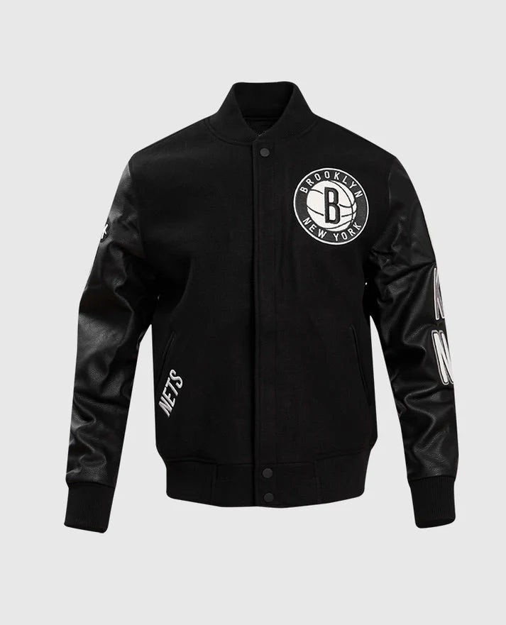 NBA Varsity Jacket Brooklyn Nets Men's Black Leather Sleeves Varsity Jacket