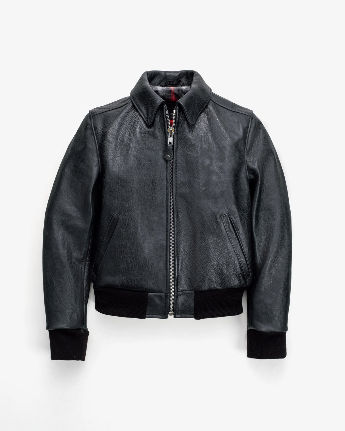 Men’s Black Classic Leather Bomber Jacket with Shirt Collar